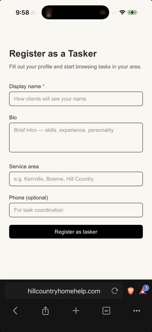Hill Country Home Help — Register as a Tasker screen